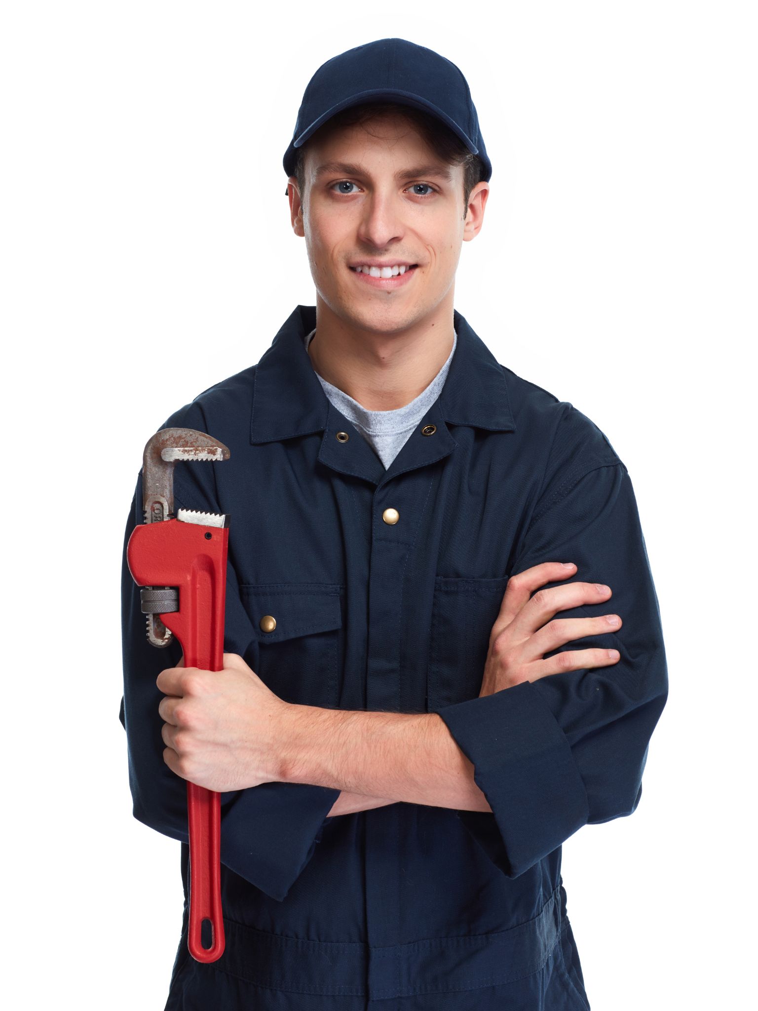 A plumber standing in a blue uniform and holding a red wrench.