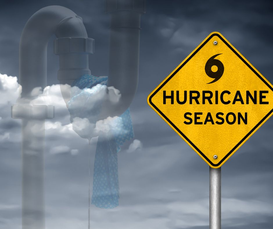 Image of a sign that says Hurricane Season, with plumbing pipes superimposed for affect.