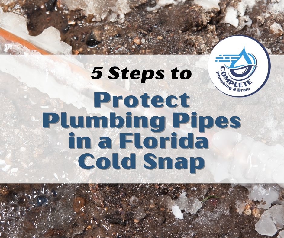 An image of frozen pipes is in the background for this graphic for Protecting Plumbing Pipes in a Florida Cold Snap.